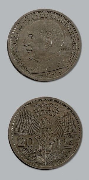 null ÉTAT FRANÇAIS (1940-1944)
20 francs, concours de Cochet. 1941. Essai en nickel.
G....