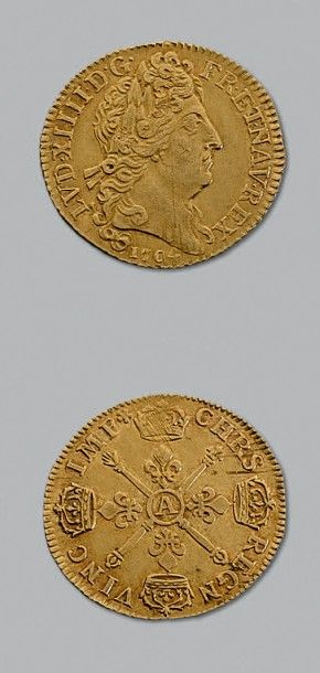 null LOUIS XIV (1643-1715)
Louis d'or aux insignes. 1704. Paris. Flan neuf. Variété...