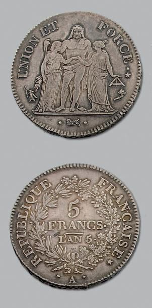 null DIRECTOIRE (1795-1799)
5 francs type Union et Force. An 5. Paris.
G. 563. Presque...