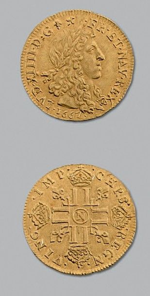 null LOUIS XIV (1643-1715)
Louis d'or juvénile à la tête laurée. 1667. Montpellier.
D....