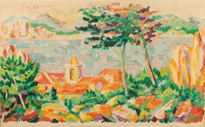 Serge MENDJISKY Vue de Saint Tropez, impression en couleurs sur tissu, 114 x 159...
