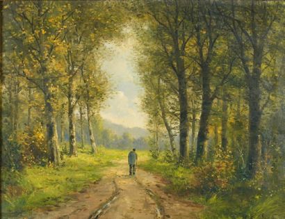 HENDRIK Promeneur en forêt Huile sur toile, signée en bas à droite. 50 x 65 cm
