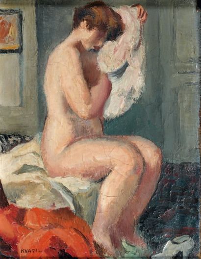 Charles KVAPIL (1884-1957) Nu au déshabillé rose Huile sur toile, signée en bas vers...