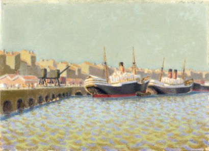 Charles LACOSTE (1870-1959) Paquebots à quai, 1927 Huile sur papier marouflé sur...