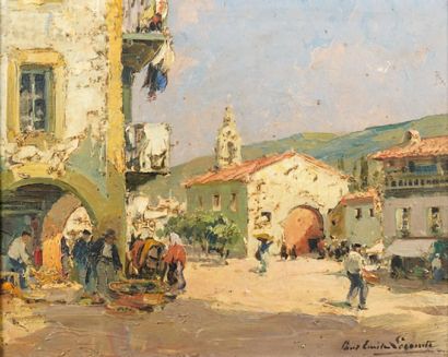 Paul-Émile LECOMTE (1877-1950) Marché au Pays Basque Huile sur panneau, signée en...