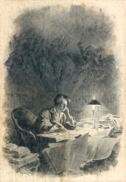 Maurice LELOIR (1853-1940) Alexandre Dumas à son roman Dessin à l'encre et au lavis,...
