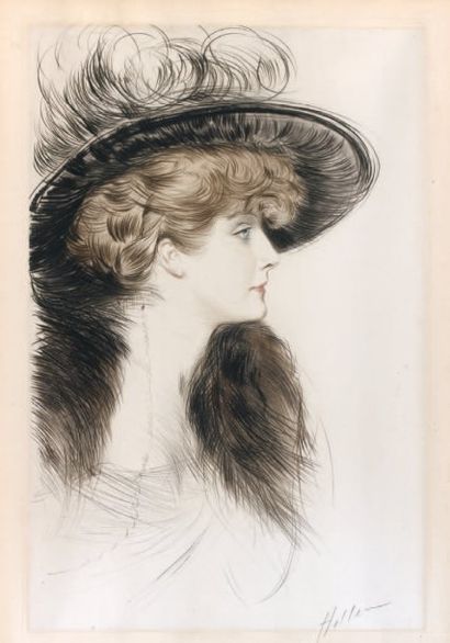 Paul-César HELLEU Élégante au chapeau, pointe sèche, 55 x 34 cm, marges 58 x 40 cm,...