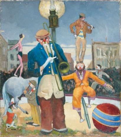 Alexandre PINEAU (1893-1970) Cirque en plein air, le final Huile sur toile, signée...