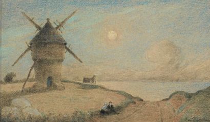 Ferdinand Loyen du PUIGAUDEAU (1864-1930) Les amoureux au clair de lune Pastel, signé...