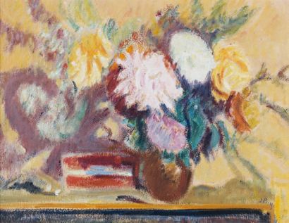 Jean PUY (1876-1960) Bouquet de fleurs au coffret rouge, vers 1944 Huile sur carton...
