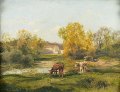Clément-Charles-Henri QUINTON (1851-1924) Deux vaches aux abords de la ferme Huile...