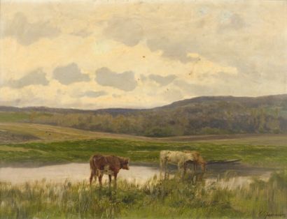 Clément-Charles-Henri QUINTON (1851-1924) Vaches à la mare Huile sur toile, signée...
