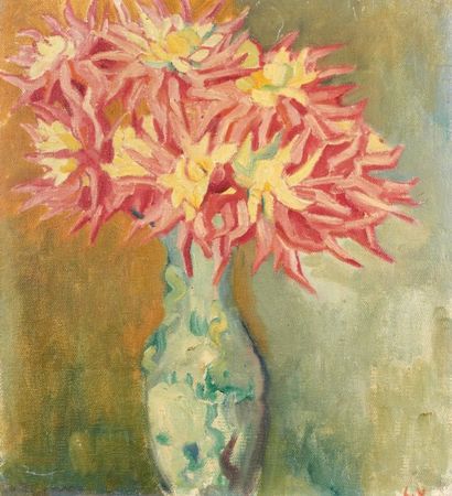 Louis VALTAT (1869-1952) Le bouquet de dahlias Huile sur toile, signée des initiales...
