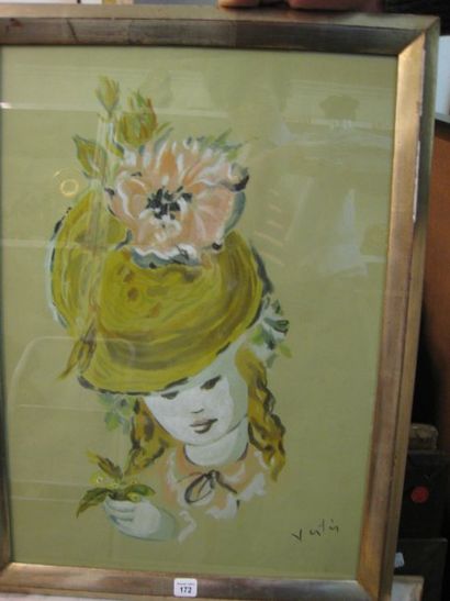 Marcel VERTES (1895-1961) Le chapeau à fleurs Gouache sur papier teinté, signée en...