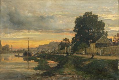 Alexandre-René VÉRON (1826-1897) Coucher de soleil sur le village, 1861 Huile sur...