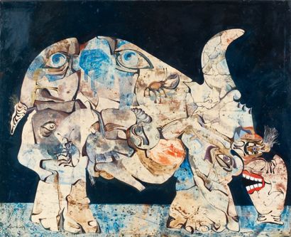 Denis FADIER (né en 1949) Animal fantastique, 1973 Technique mixte sur toile, signée...