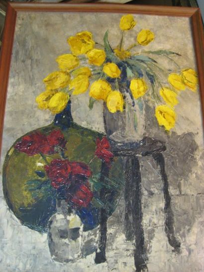 Chris WIJNVELDT Tulipes jaunes et roses rouges Huile sut toile, signée et datée en...