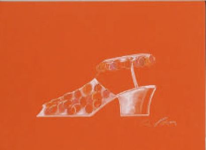 Roger VIVIER vers 1968-1970 PROJET DE SANDALE en vinyl blanc orné de sequins au crayon...
