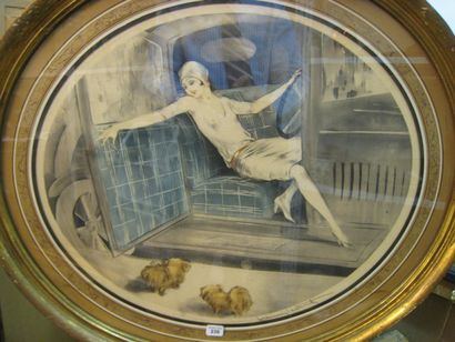 Louis ICART (1888-1950) Femme aux deux pékinois Pointe sèche et aquatinte à vue ovale,...