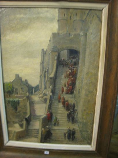 Jacques CESBRON La montée au château fort Huile sur toile signée et datée en bas...