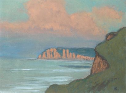 Jean-Francis AUBURTIN (1866-1930) Ciel rose sur les falaises de Dieppe Gouache, signée...