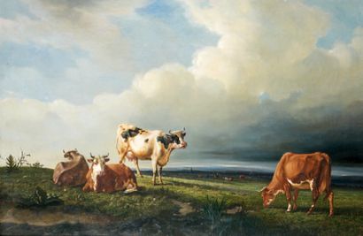 Victor-Émile CARTIER (1811-1866) Vaches au pré, 1843 Huile sur toile, signée et datée...