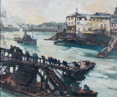 Lucien-Victor-Félix DELPY (1898-1967) Le débarcadère Huile sur toile, signée en bas...
