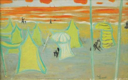 Paul CHARLOT Les tentes, 1948 Huile sur panneau, signée en bas vers la droite. 22...