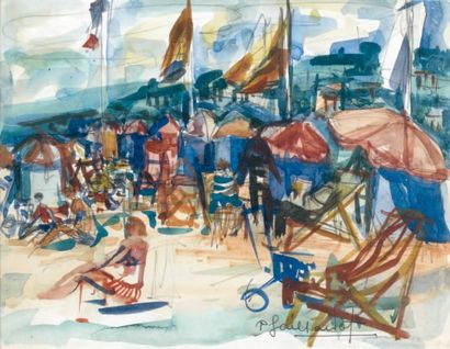 Pierre GAILLARDOT (né en 1910) Sur la plage, les parasols Technique mixte sur papier,...