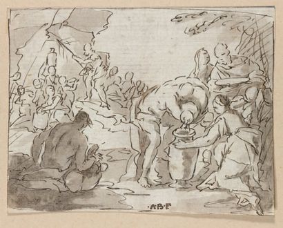 ÉCOLE NAPOLITAINE du XVIIe siècle Moïse frappant le rocher Plume, lavis 10,5 x 13,5...