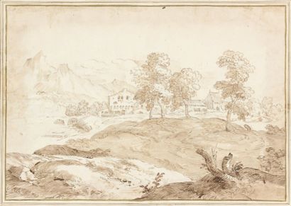 Marco RICCI (Belluno 1676-Venise 1730) Paysage montagneux Pierre noire, plume, lavis...