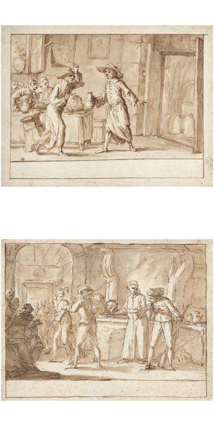 ÉCOLE ITALIENNE du XVIIIe siècle Deux scènes de genre : Altercation à l'auberge Militaire...