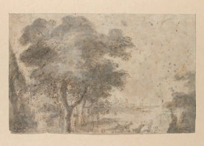 ÉCOLE FLAMANDE du début du XVIIe siècle Paysage Plume et lavis 11,2 x 18 cm Provenance...