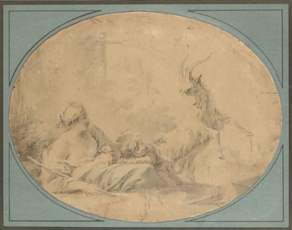 ÉCOLE FRANÇAISE du XVIIIe siècle Mère et enfant avec bouquetin Plume et lavis. 19,5...