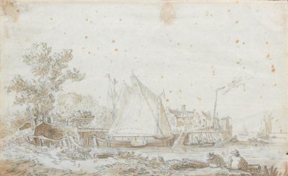 Cornélis van NOORDE (Haarlem 1731-Haarlem 1795) Paysage Pierre noire, lavis (Taches,...