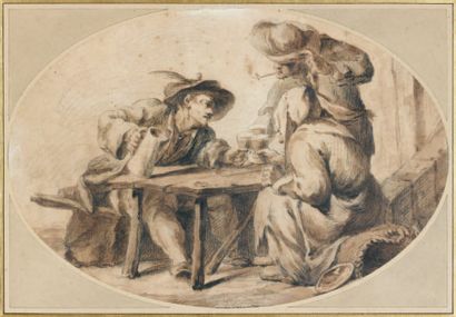 ÉCOLE FRANÇAISE du XVIIIe siècle Scène d'auberge dans l'esprit de Brouwer Pierre...
