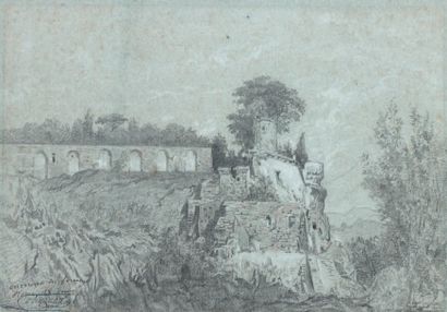 Célestin NANTEUIL (1813-1873) Vue du Forum romain Pierre noire, rehauts de craie...