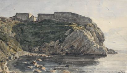 Pierre-François LEHOUX (1803-1892) Paysage côtier dans les environs de Naples Aquarelle....