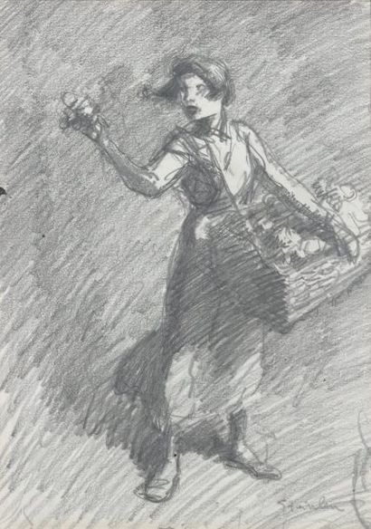 Théophile-Alexandre STEINLEN (1859-1923) La petite marchande de fleurs Crayon noir....