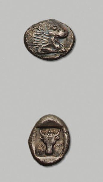 CARIE Cnide (520-500 av. J.-C.).Drachme. 5,75 g. Tête de lion à d. R/Tête de taureau...