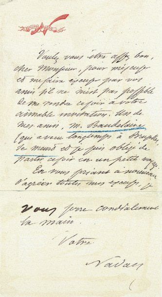 NADAR (Félix Tournachon, dit). Lettre autographe signée. S.l., [1867]. 1 p. in-12,...