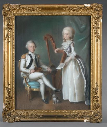 ÉCOLE AUTRICHIENNE du XIXe siècle Couple à la harpe Pastel. 59 x 42 cm