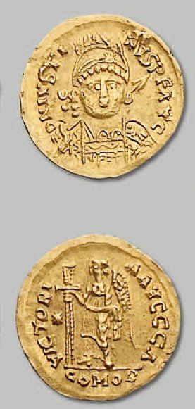 null - ATHALARIC (526-534). Solidus au nom de Justin 1er. 4,43 g. Buste armé de face....