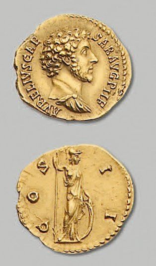 null - MARC AURÈLE (161-180). Auréus. Rome (145-147) 7,16 g. Son buste jeune, drapé...
