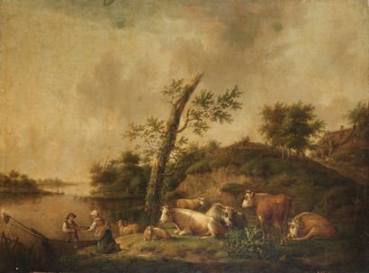 Attribué à Hendrick-Willem SCHWEICKHARDT (1746-1797) Paysage au troupeau Huile sur...