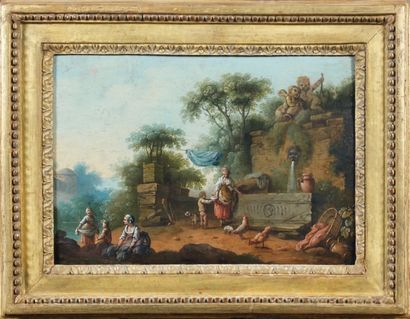 ÉCOLE FRANçAISE du XVIIIe siècle Paysage avec une lavandière Huile sur papier marouflé,...