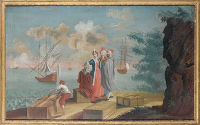 ÉCOLE FRANçAISE du XVIIIe siècle Scène de port avec quatre personnages sur un quai...