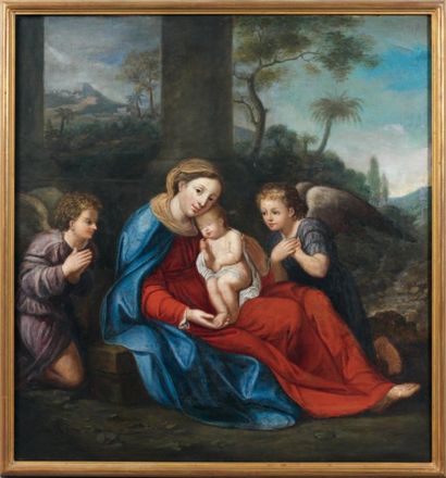 ÉCOLE FRANçAISE du XVIIIe siècle Vierge à l'Enfant adorés par deux anges Huile sur...