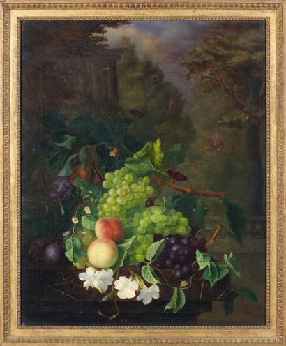 Eugénie MERCIER (active au XIXe siècle) Nature morte aux fruits, fleurs et papillons...