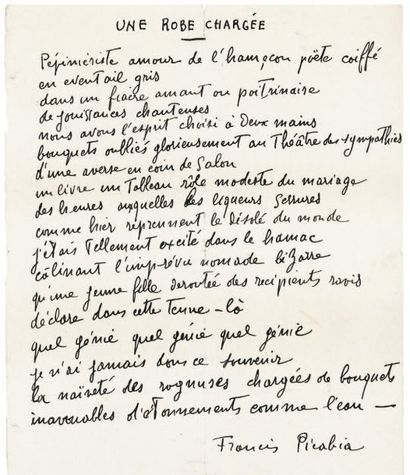 PICABIA (Francis) Manuscrit autographe signé intitulé « Une robe chargée ». 1 p....